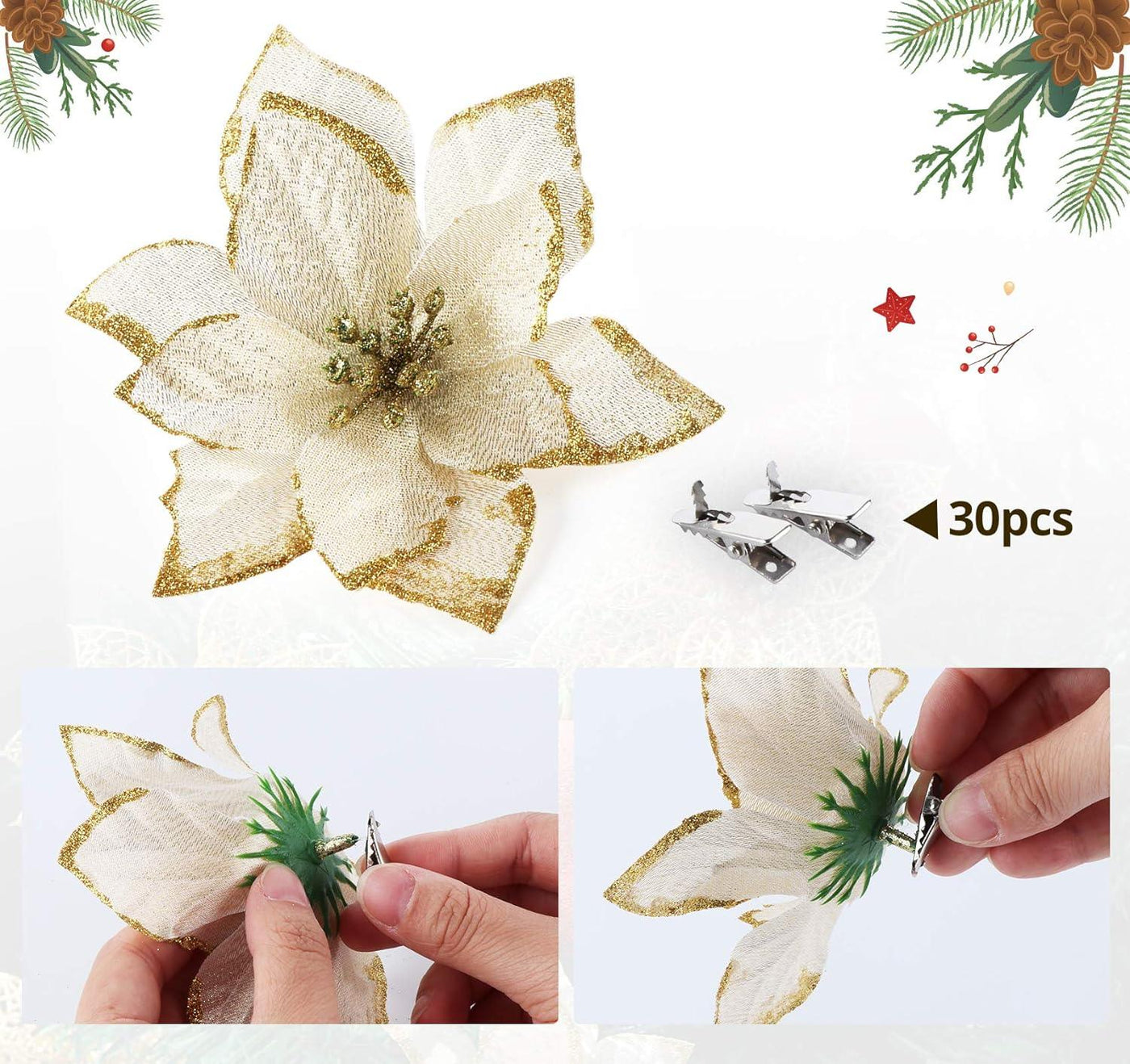 Glitter Christmas Poinsettia Flower Ornaments 24Pcs Gold Artificial with Clips - Massive Discounts
