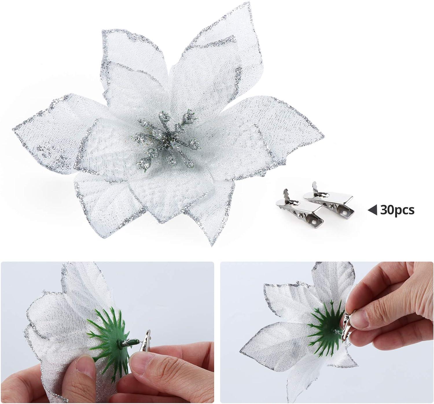 Glitter Christmas Poinsettia Ornaments 24Pcs Sliver Artificial Flower with Clips - Massive Discounts