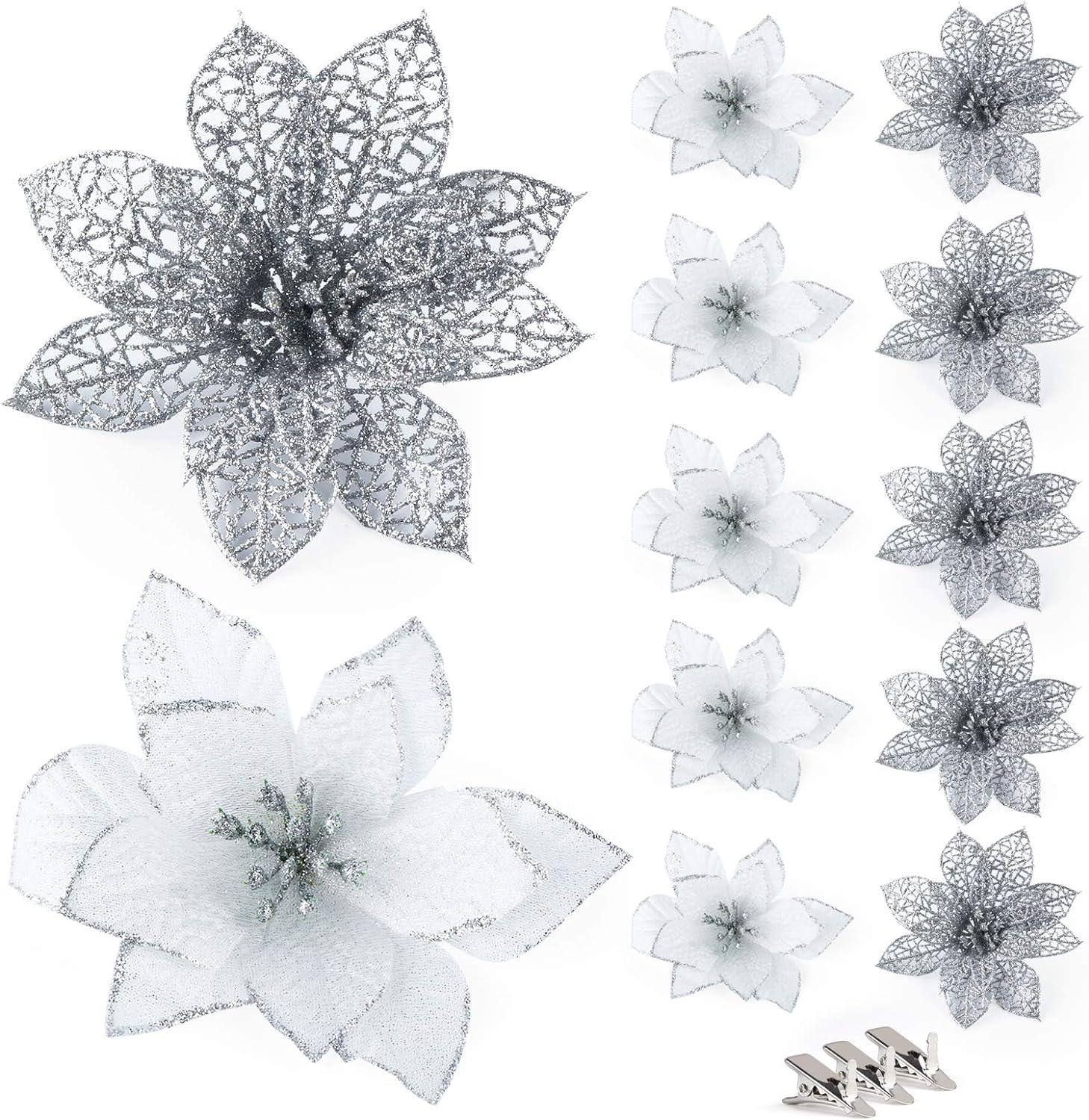 Glitter Christmas Poinsettia Ornaments 24Pcs Sliver Artificial Flower with Clips - Massive Discounts