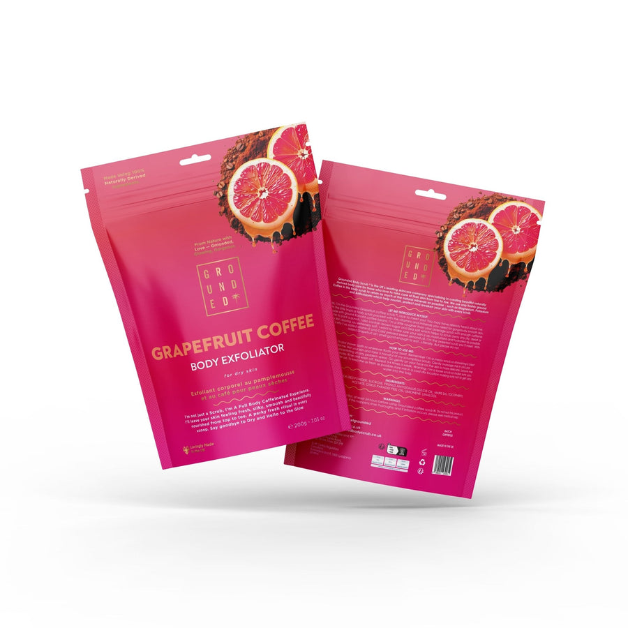 Grapefruit coffee body exfoliator packaging on a white background