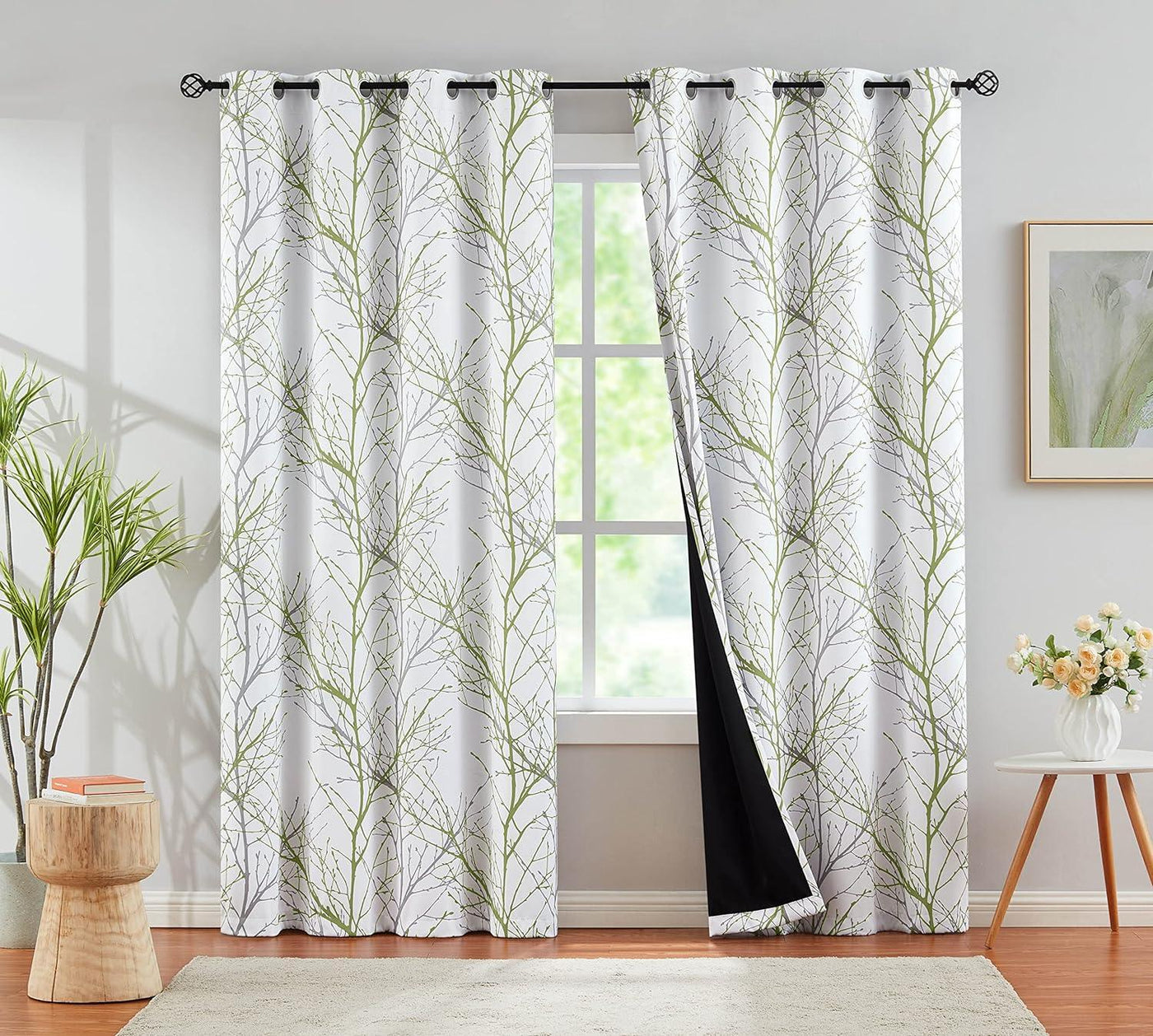 Green White Blackout Curtains 90x50in x 2pcs Grey Forest Tree Thermal - Massive Discounts