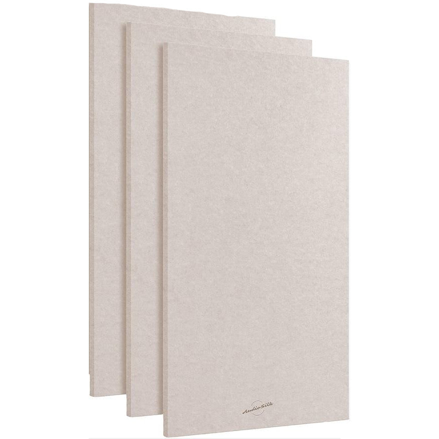 Three beige accoustic panels stacked on a white background