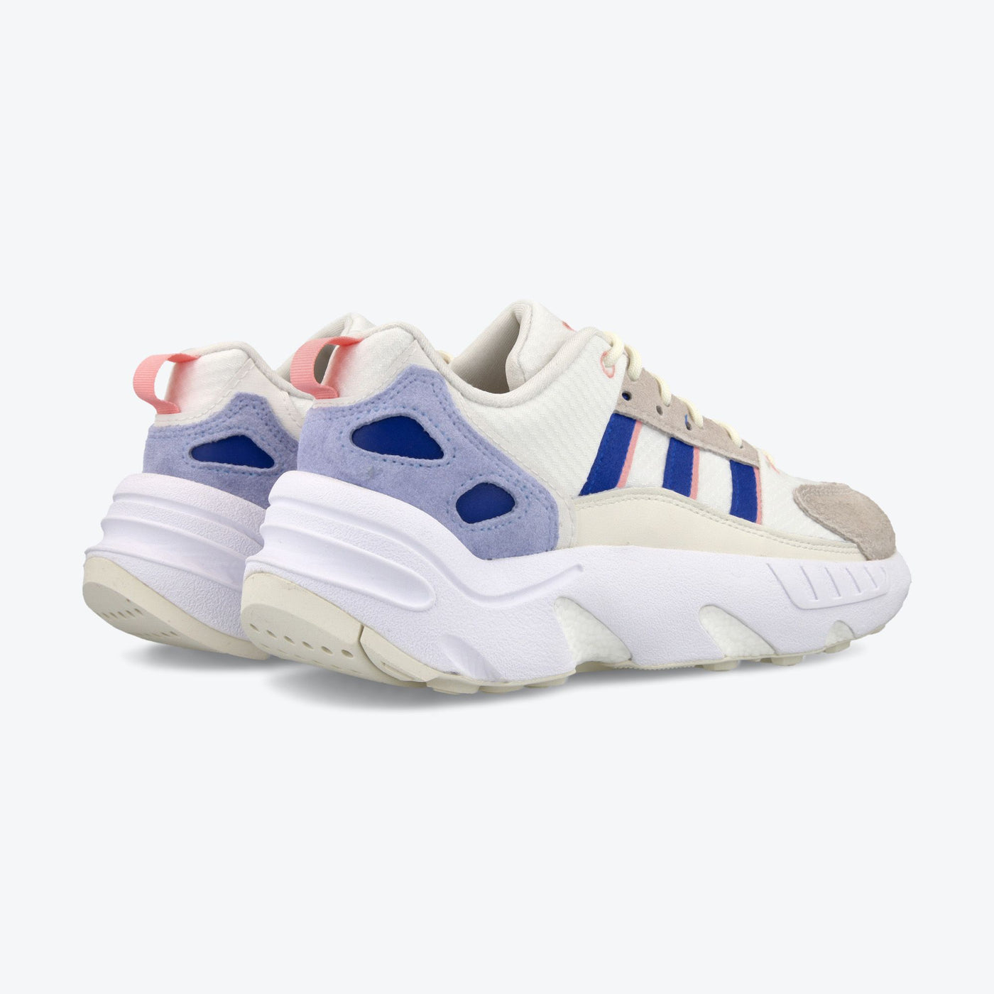 Pair of Adidas sneakers with a white, blue, and purple color scheme on a light gray background