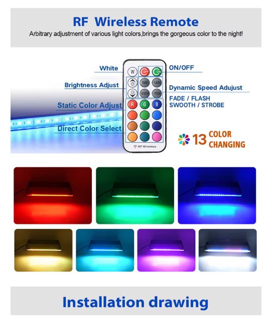 RF wireless remote control with LED strip lights and color-changing options on a gray background.