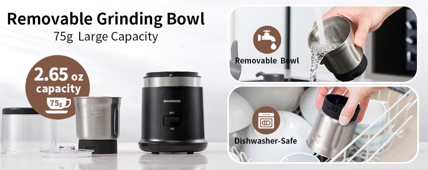 Electric Coffee Grinder 75g with Removable Stainless Steel Bowl SHARDOR