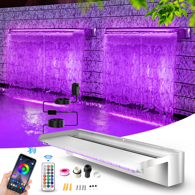 LED strip light with smartphone app control and remote control in front of a water feature with purple lighting.