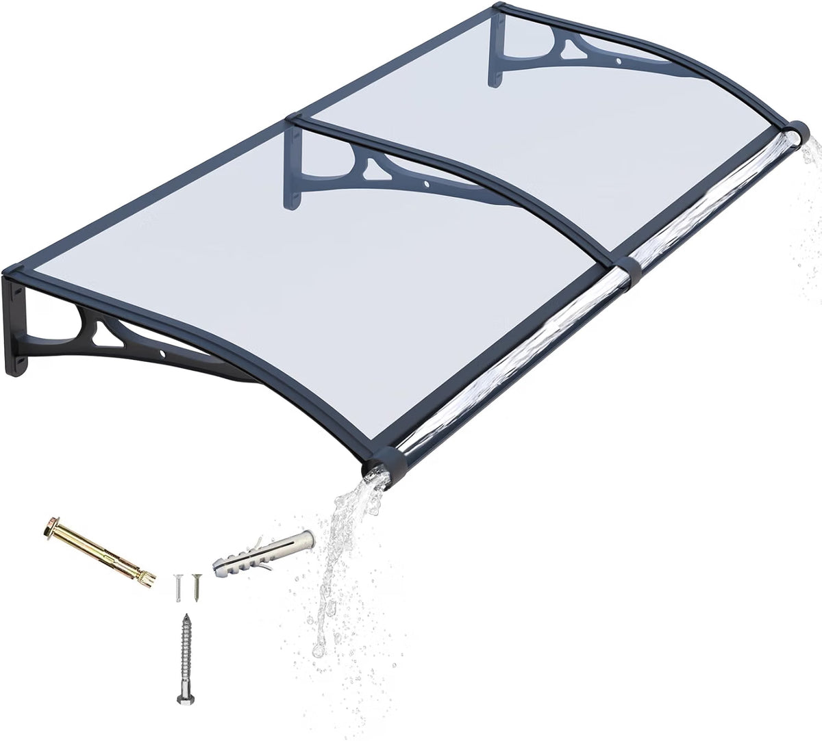 A two-panel arched clear acrylic or polycarbonate rain gutter cover with a dark gray metal frame, shown with three mounting hardware components (a brass sleeve, a silver sleeve, and a screw) on a plain white background.