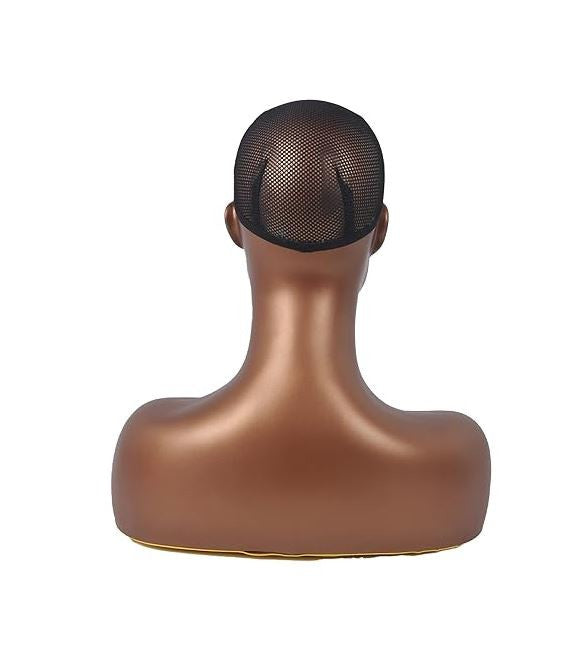 Mannequin head with a black mesh wig cap on a white background