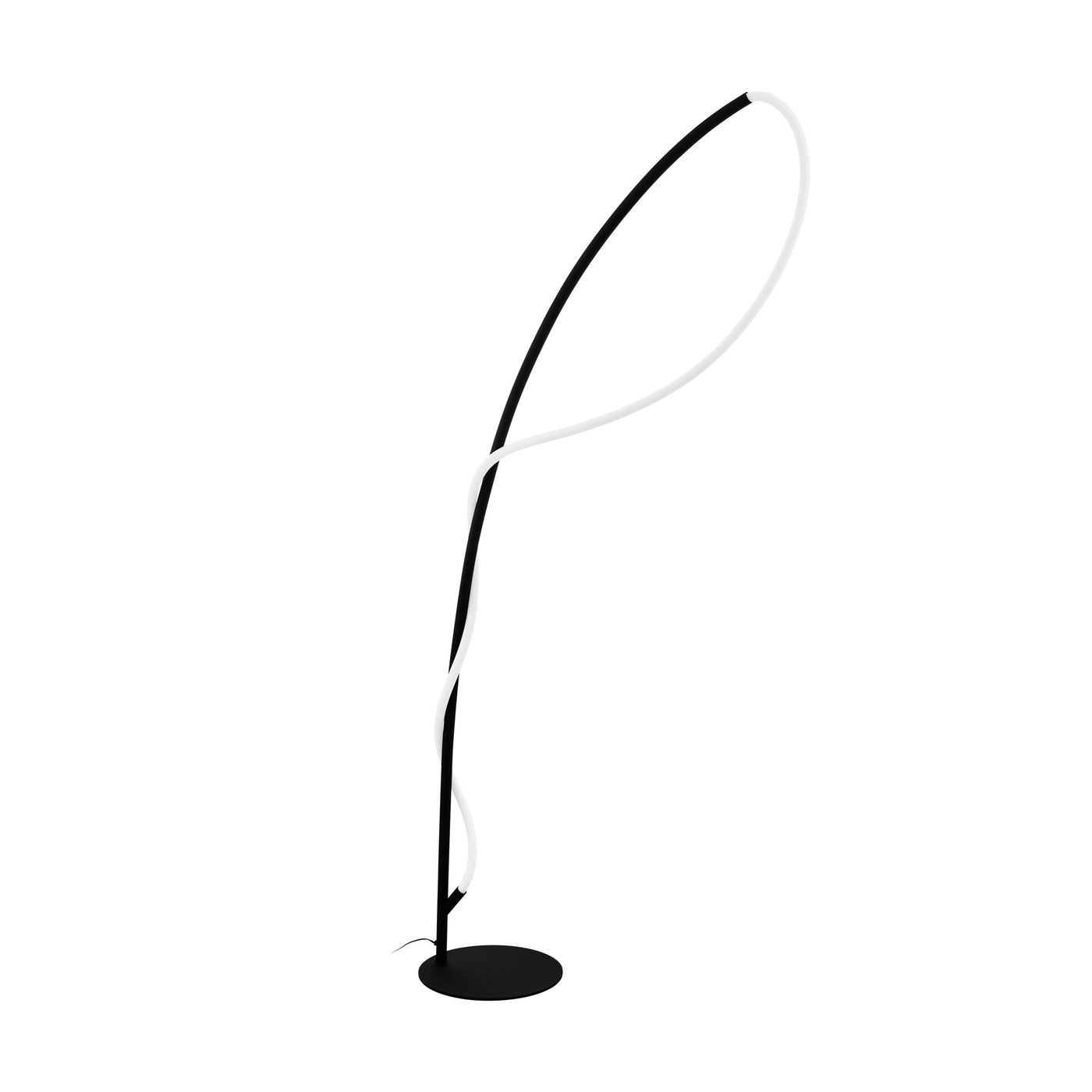 A modern minimalist floor lamp with a sleek black metal frame, a circular black base, and a thin white cord forming an arch loop above the stand, shown against a solid white background.