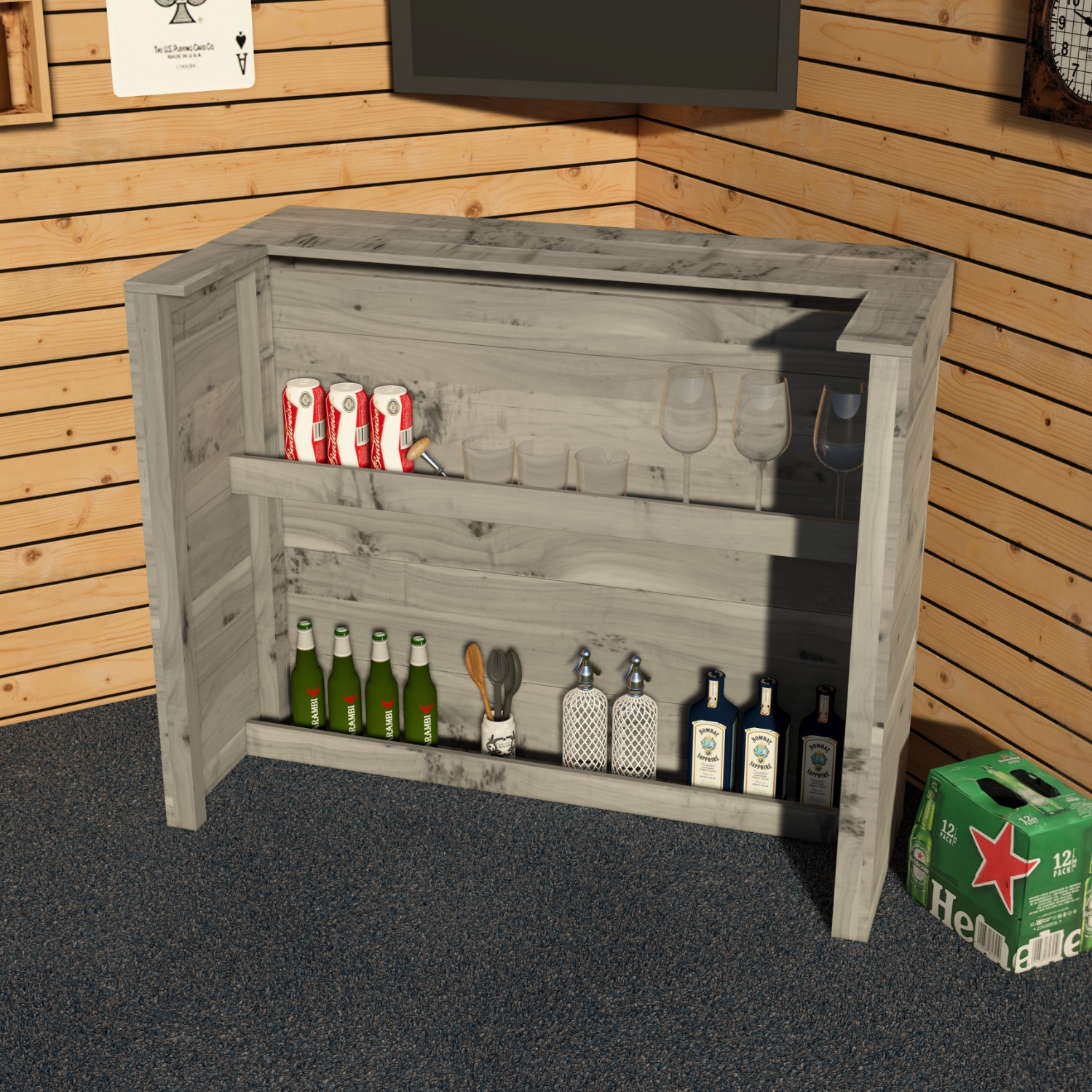 Wooden bar cabinet with drinks and bottles against a wooden wall.