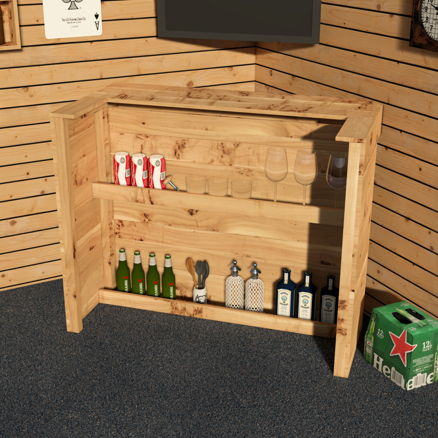 Wooden bar cabinet with drinks and bottles against a wooden wall.
