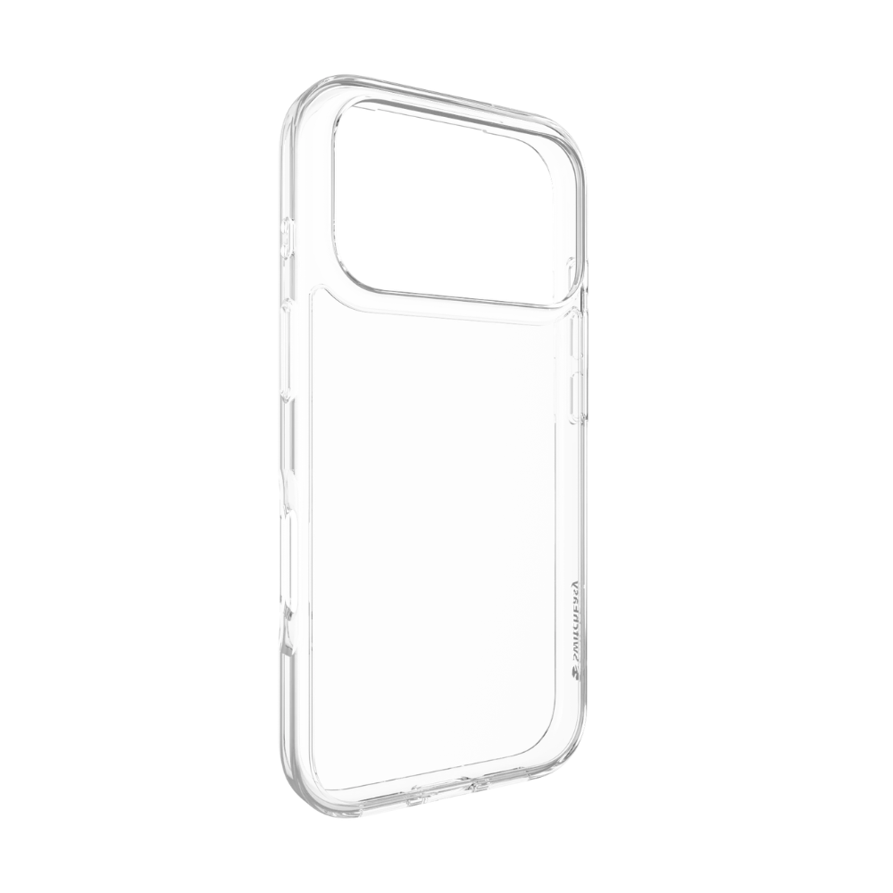 Clear phone case with thin metal frame on a white background