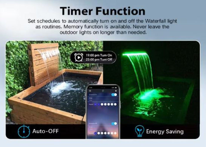 Outdoor water feature with green LED light, smartphone app control, and timer function text.