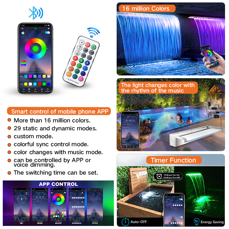 Smart LED lighting system with smartphone app control, remote control, and timer function for poolside setup.