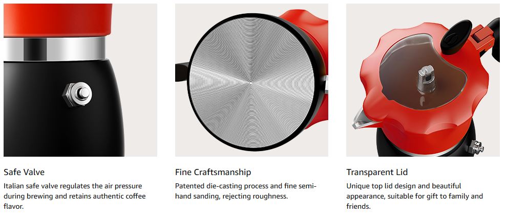 Stovetop Coffee Maker Italian Espresso Moka Pot Transparent Lid Red TWOMEOW