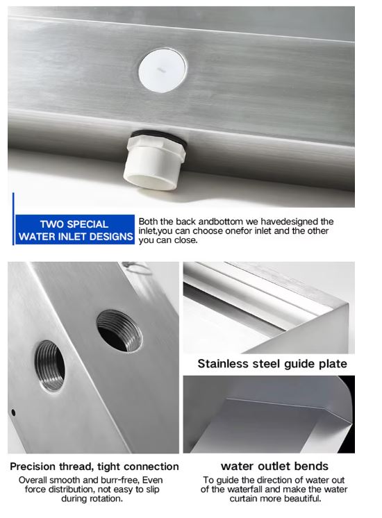 Stainless steel water feature with detailed design elements and text on special water inlet designs.