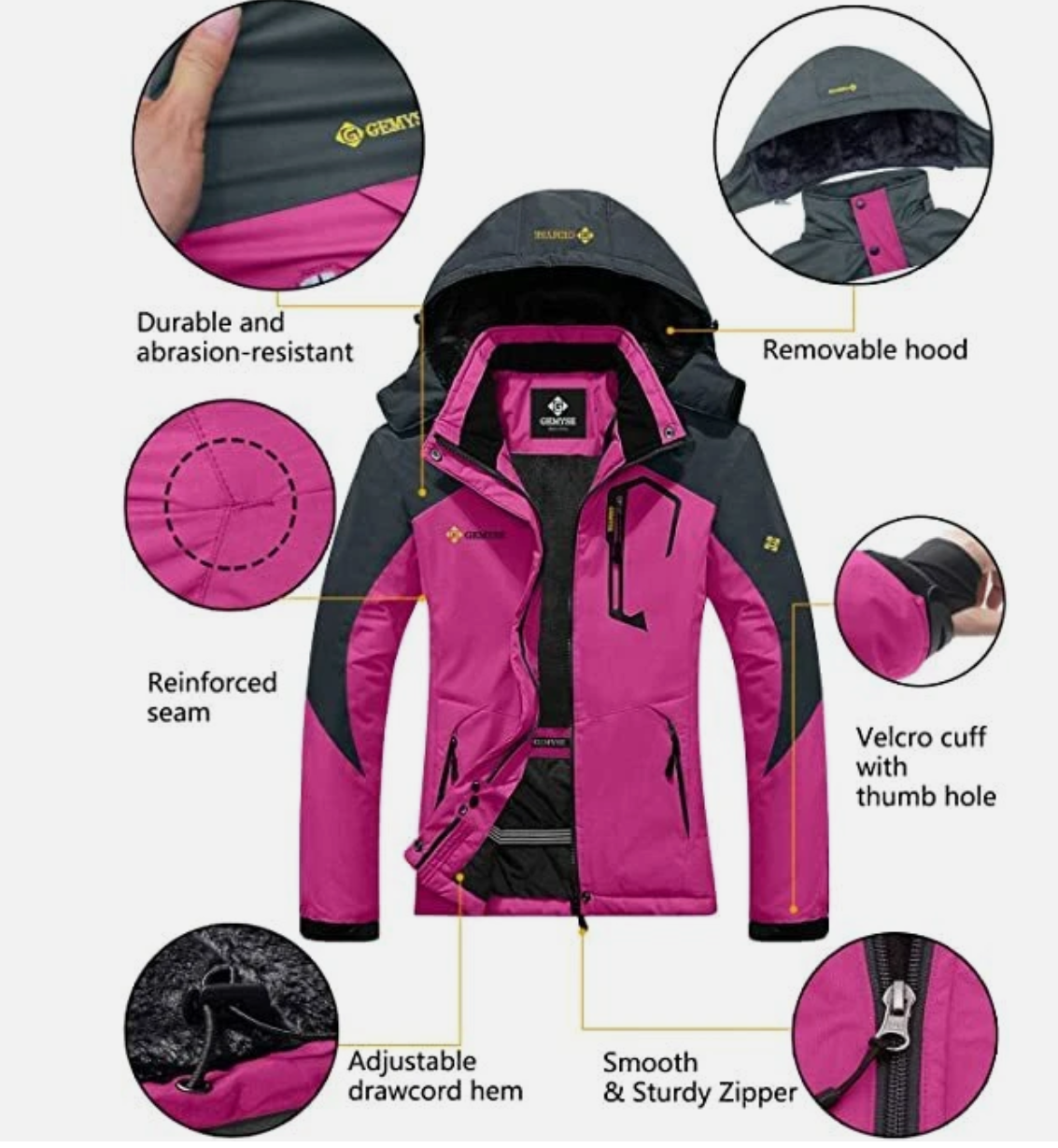 Pink and black jacket with various features highlighted on a white background