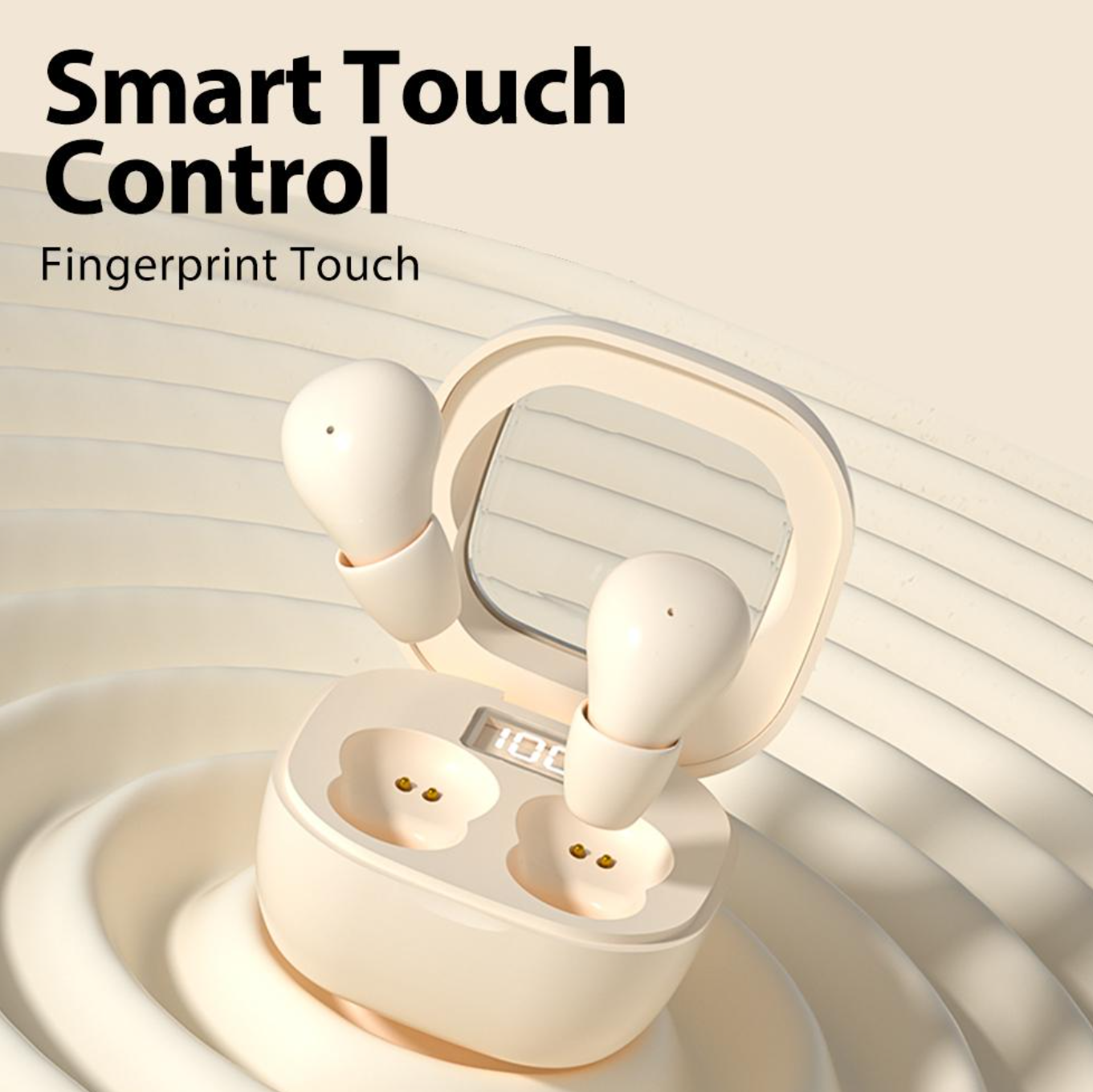 Wireless earbuds with charging case on a light background, highlighting 'Smart Touch Control' feature.