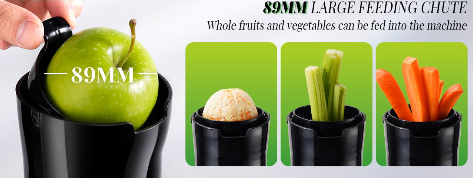 89MM large feeding chute for fruits and vegetables with a hand holding an apple.