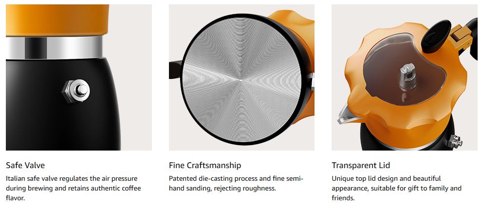 Stovetop Coffee Maker Italian Espresso Moka Pot Transparent Lid Orange TWOMEOW