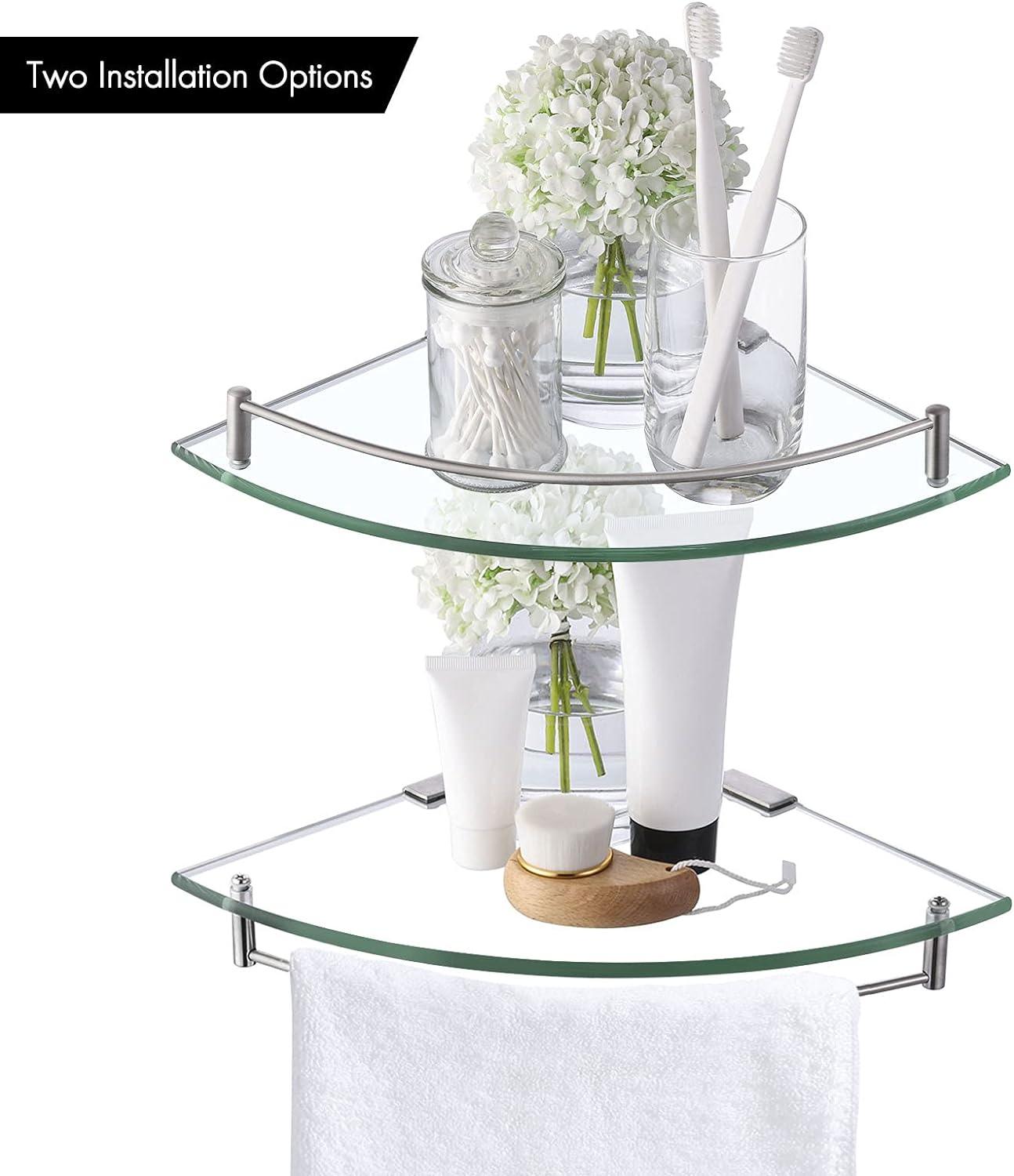 KES Corner Shelf Floating Glass Shelf with Rail Brushed/Polished Design - Massive Discounts