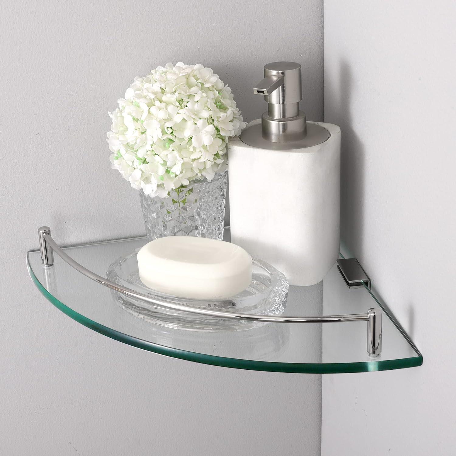 KES Corner Shelf Floating Glass Shelf with Rail Brushed/Polished Design - Massive Discounts