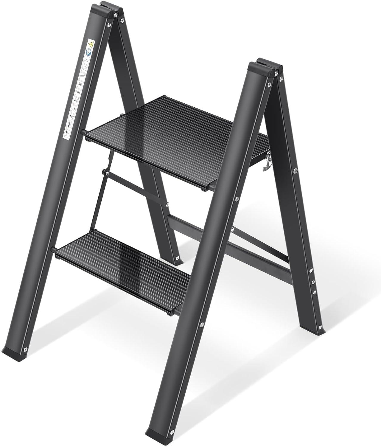 KINGRACK Aluminium 2 Step Ladder with Wide Steps, Folding, Portable - Massive Discounts