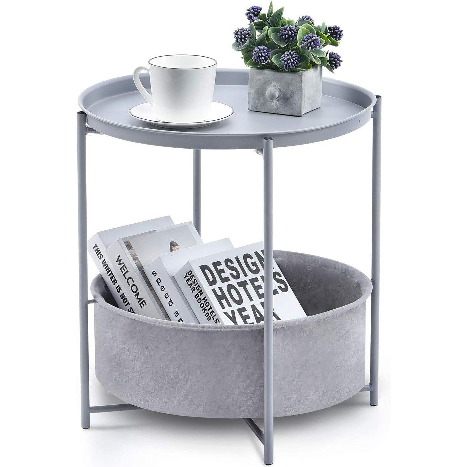 KINGRACK Round Coffee Table - Grey with Basket and Detachable Tray - Massive Discounts