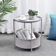 KINGRACK Round Coffee Table - Grey with Basket and Detachable Tray - Massive Discounts