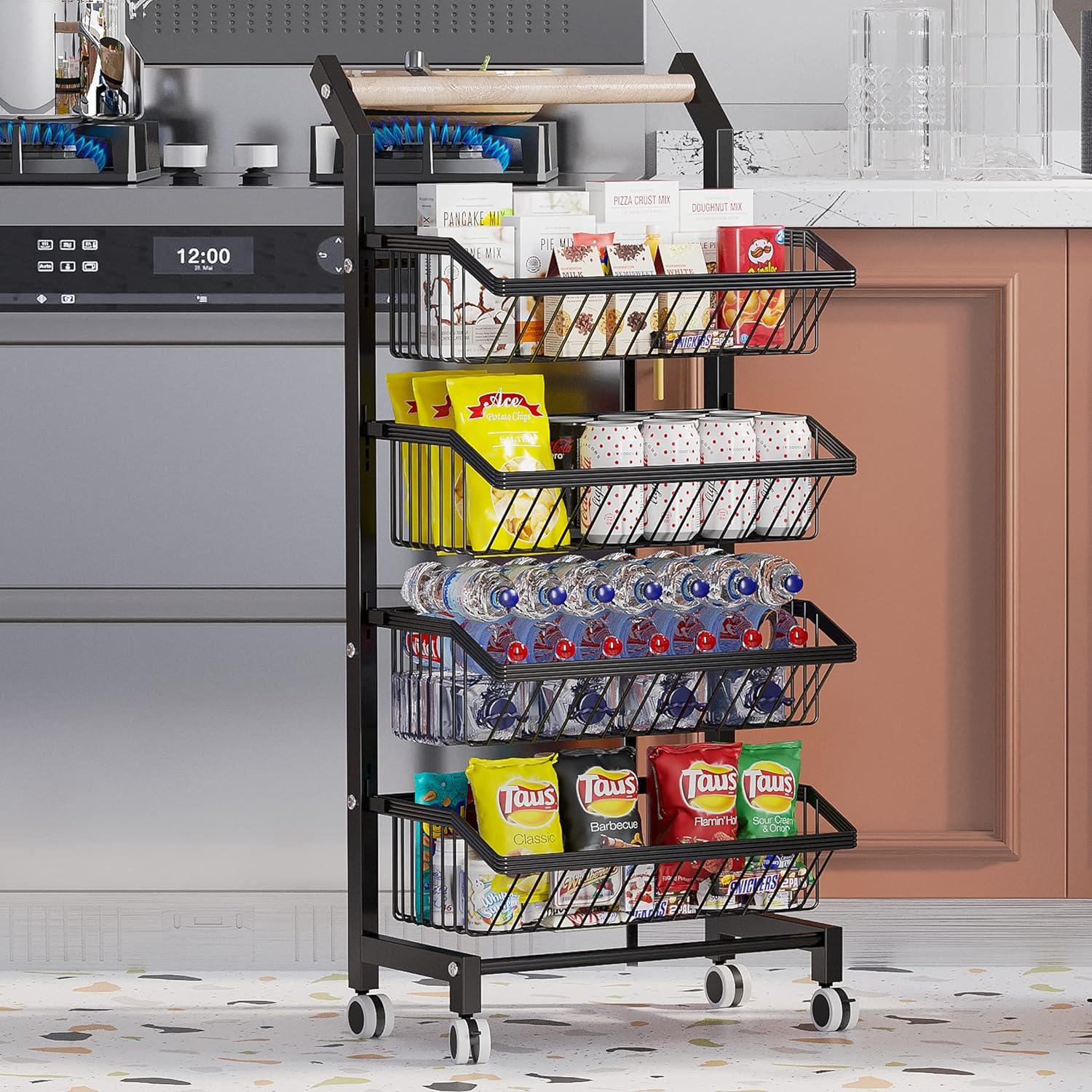 Kitchen Storage For Vegetables with 4 Tiers Rack On Wheels Black - Massive Discounts