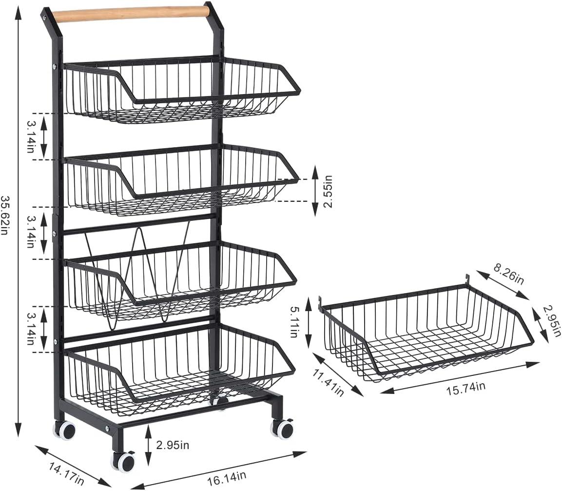 Kitchen Storage For Vegetables with 4 Tiers Rack On Wheels Black - Massive Discounts