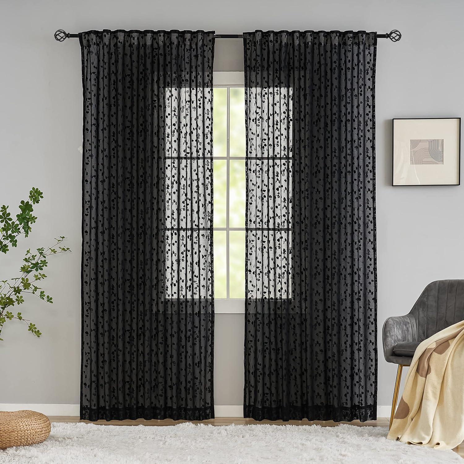 Lace Sheer Curtains Black for Bedroom 52W x 90L inch 2pcs - Massive Discounts