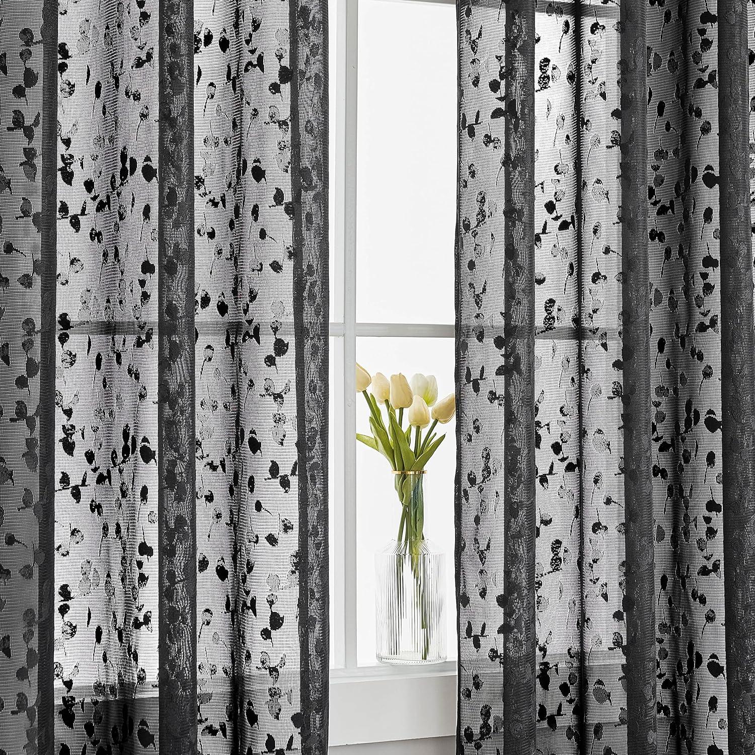 Lace Sheer Curtains Black for Bedroom 52W x 90L inch 2pcs - Massive Discounts