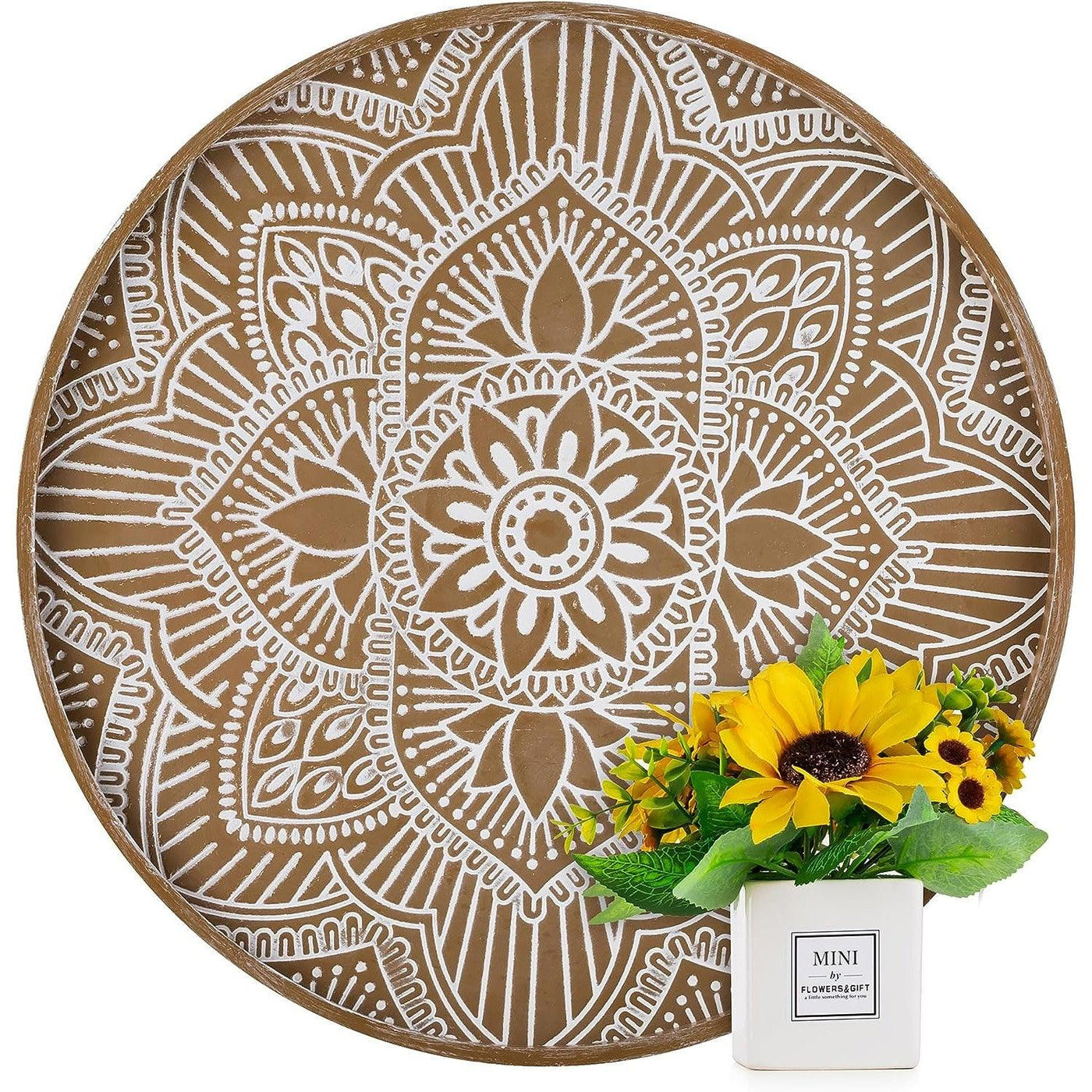 Large Round Wood Decorative Tray, Brown Centerpiece Wooden 45cm - Massive Discounts