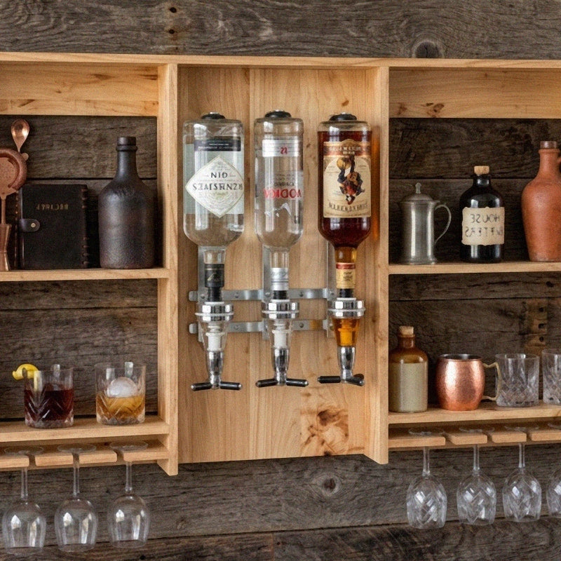 Wooden bar shelf with alcohol dispensers and glasses against a rustic wooden wall.