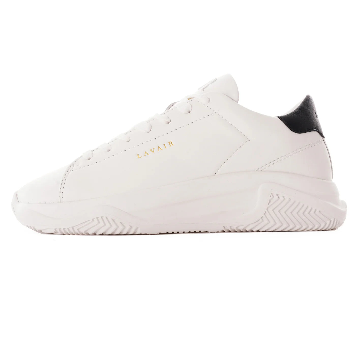 White sneaker with black heel on a white background