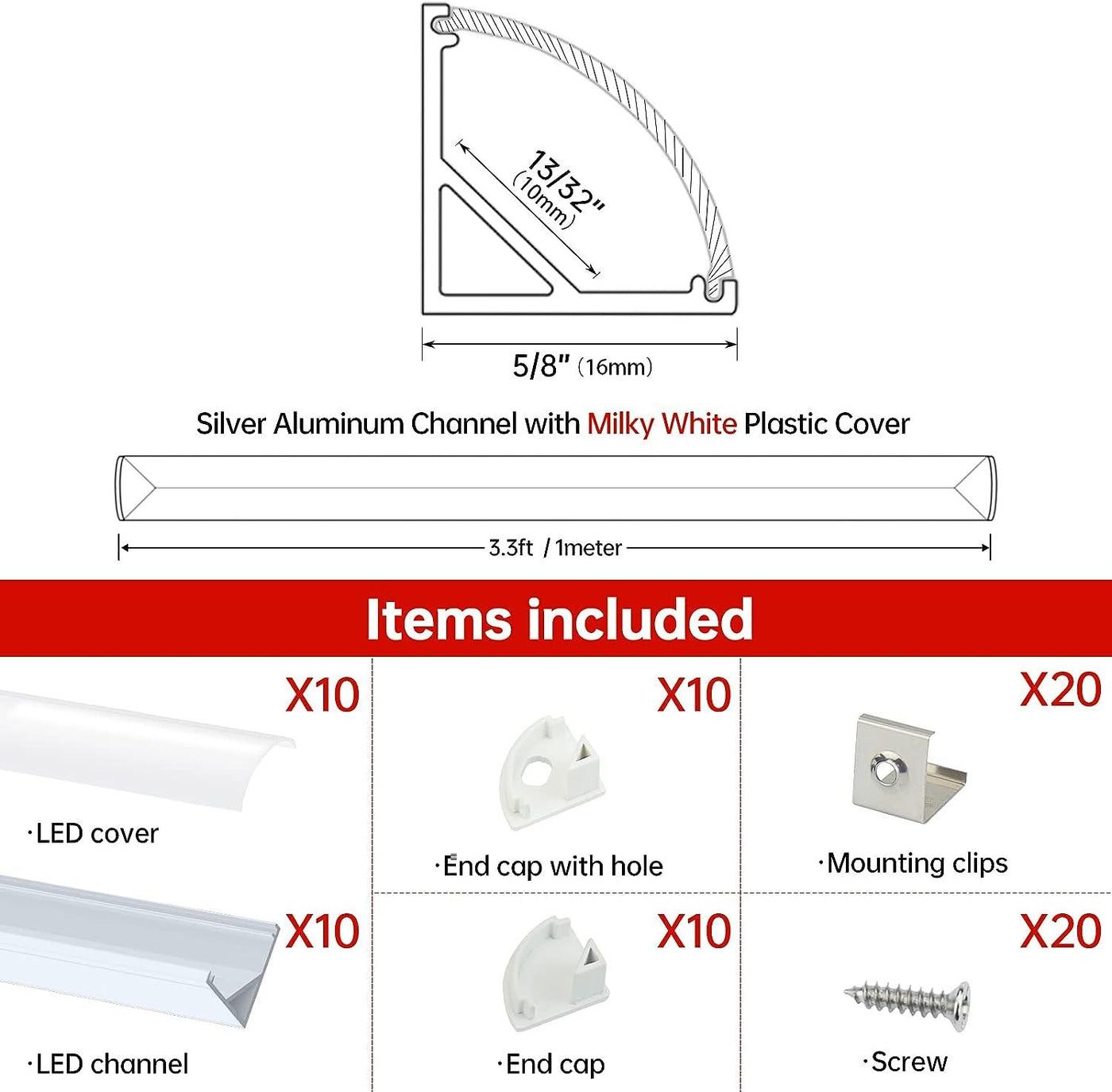 LED Channel System with Milky White 10 pack 3.3FT Extrusion Profile - Massive Discounts