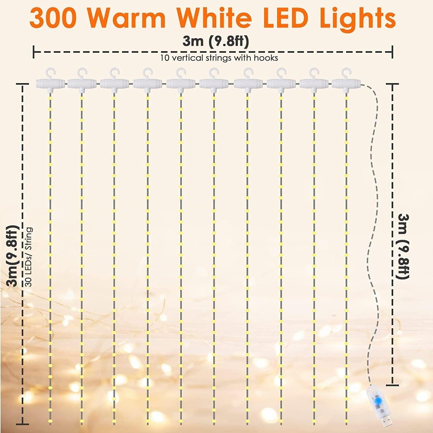 LED Curtain Lights 300 LED Warm White Window String with Remote 3x3m - Massive Discounts