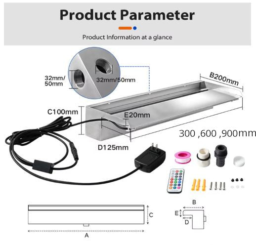 Pool Water Blade Waterfall Fountain LED Light Stainless Steel Garden Spa Wall
