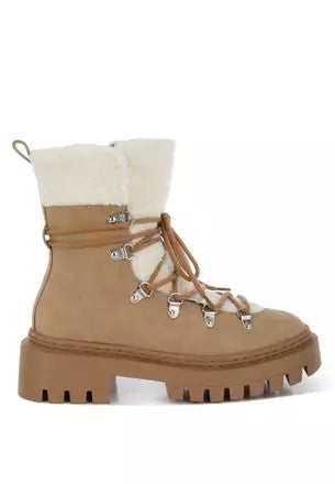 Camel Faux Leather Fleece Trim Chunky Ankle Boots New Look SZ 5