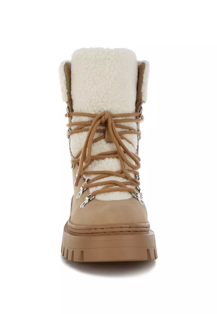 Camel Faux Leather Fleece Trim Chunky Ankle Boots New Look SZ 5