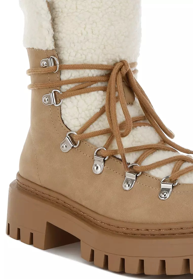 Camel Faux Leather Fleece Trim Chunky Ankle Boots New Look SZ 5
