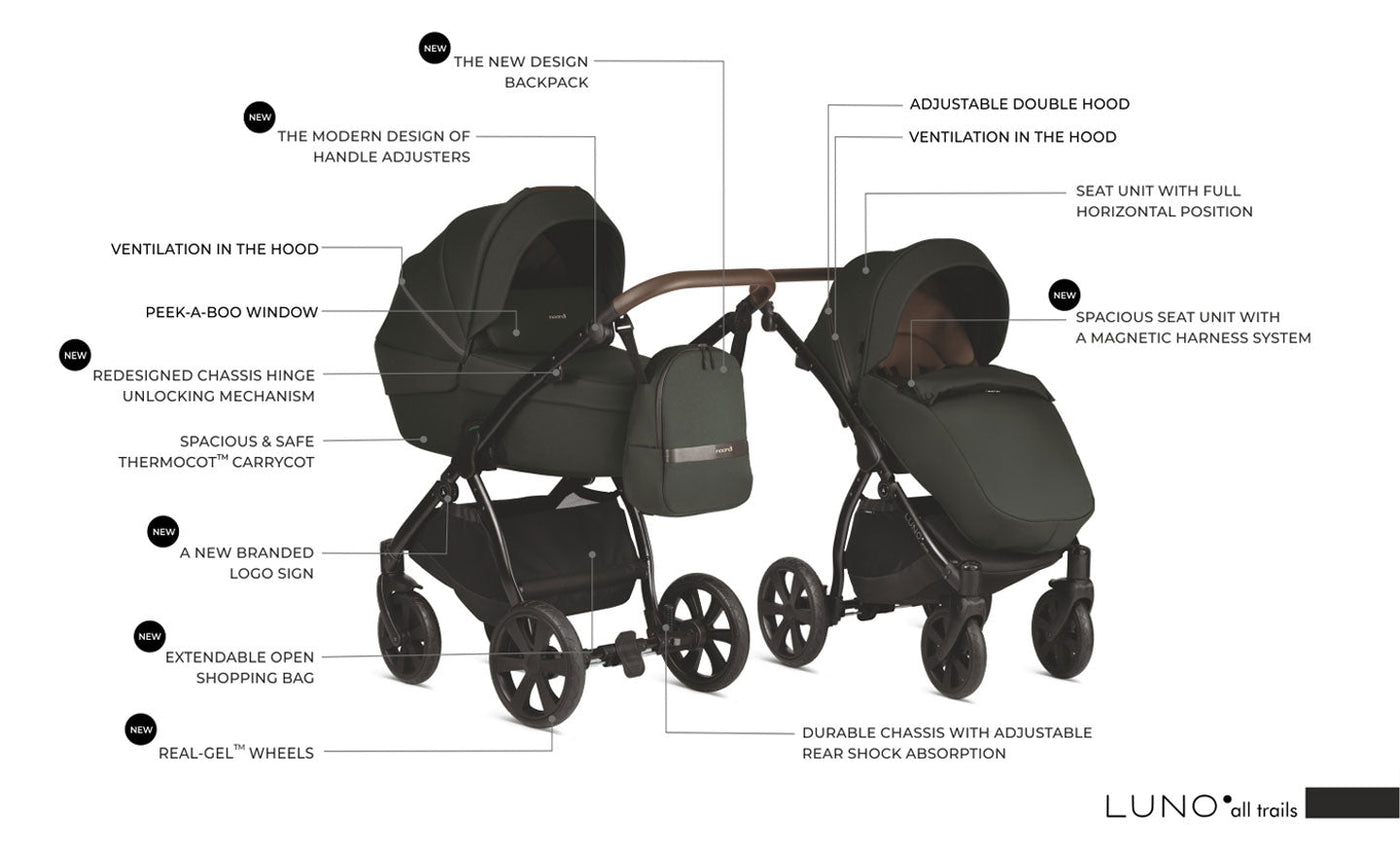 3 in 1 Travel System Pram Pushchair Carrycot Car Seat All Terrain Noordi Luno