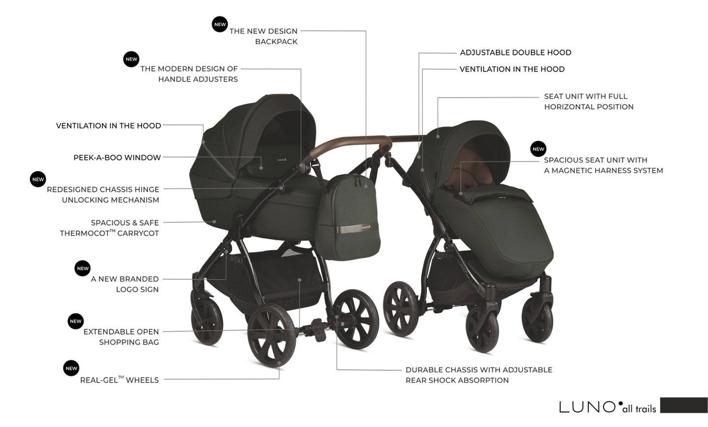 3 in 1 Travel System Pram Pushchair Carrycot Car Seat All Terrain Noordi Luno