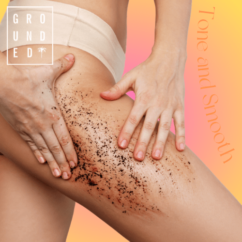 Person applying a exfoliating product to their leg with a gradient background
