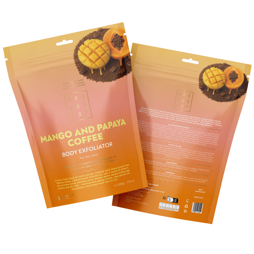 Mango and Papaya Coffee Body Exfoliator packaging with a gradient design on a white background