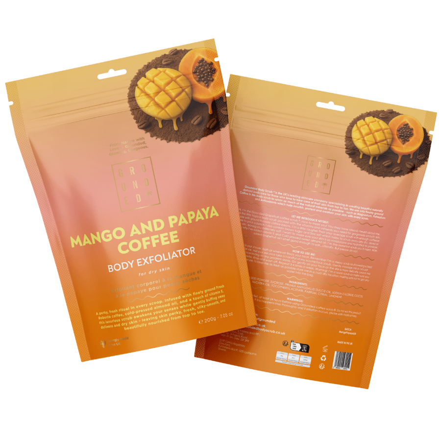 Mango and Papaya Coffee Body Exfoliator packaging with a gradient design on a white background