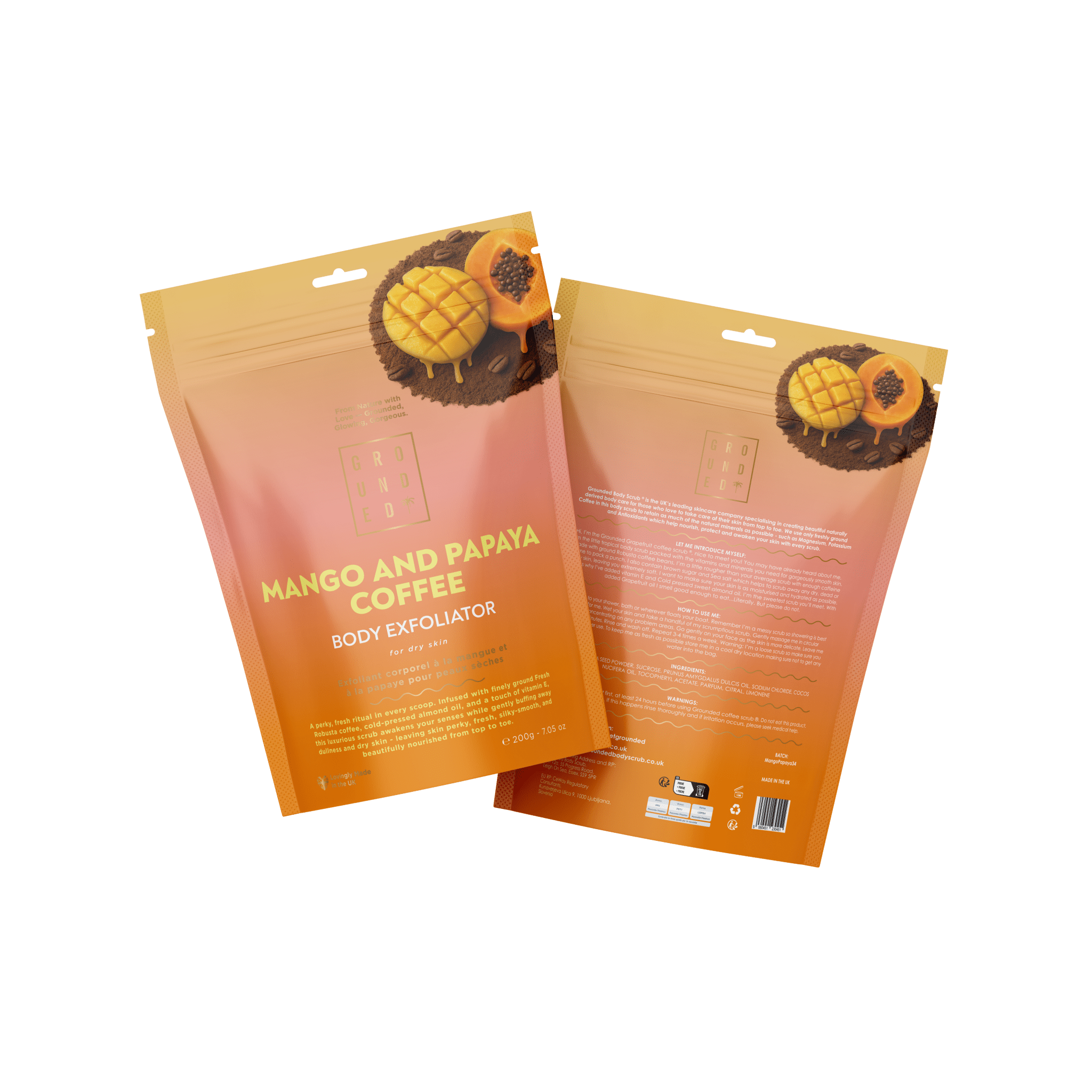 Two packages of Mango and Papaya Coffee Body Exfoliator on a transparent background