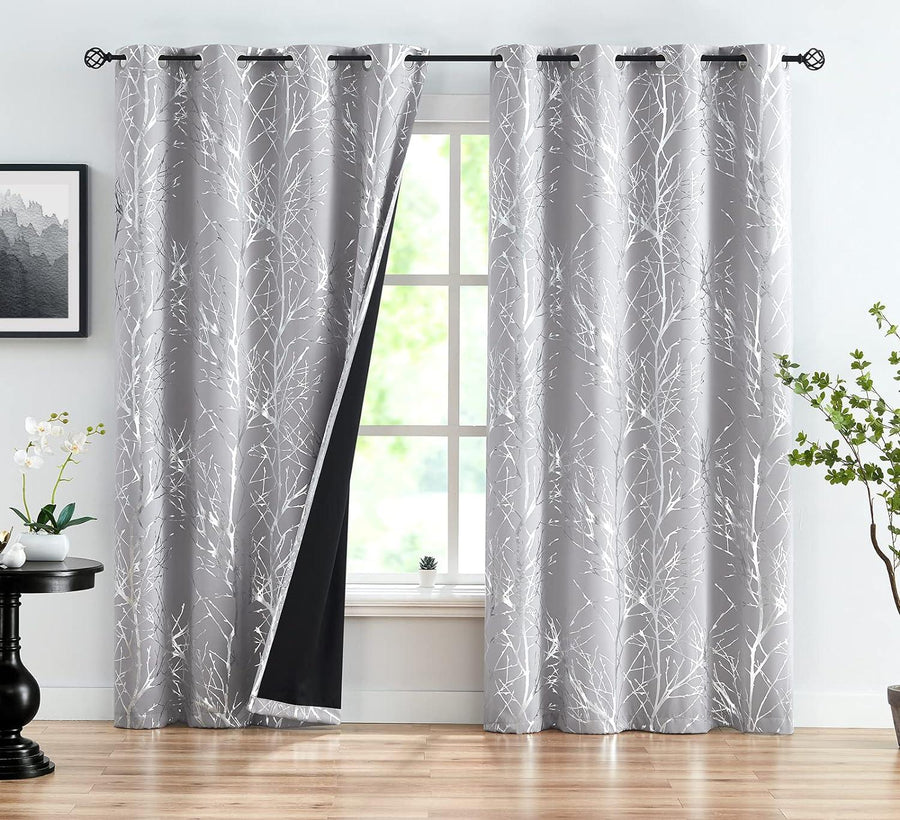 Metallic Tree Blackout Curtains Bedroom Grey 90x50in Thermal Insulated - Massive Discounts