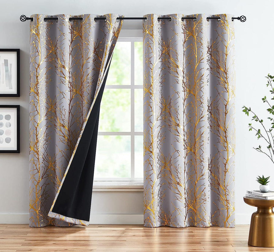 Metallic Tree Blackout Curtains Black 90x50in x2 Thermal Insulated - Massive Discounts